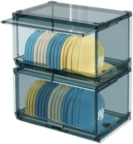 SCAVATA 2 Pack Large Hat Organizer Box, Stackable Clear Baseball Caps Holder Box Containers with Sliding Door for Hats Snapback Cap Storag, Hat Rack Display Case, Holds 20 Hats Each -Blue