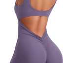 YEOREO One Piece Workout Jumpsuits for Women Backless Tummy Control Sleeveless Jumpsuits Lizvette V Back Scrunch Yoga Romper (Large, Purple)