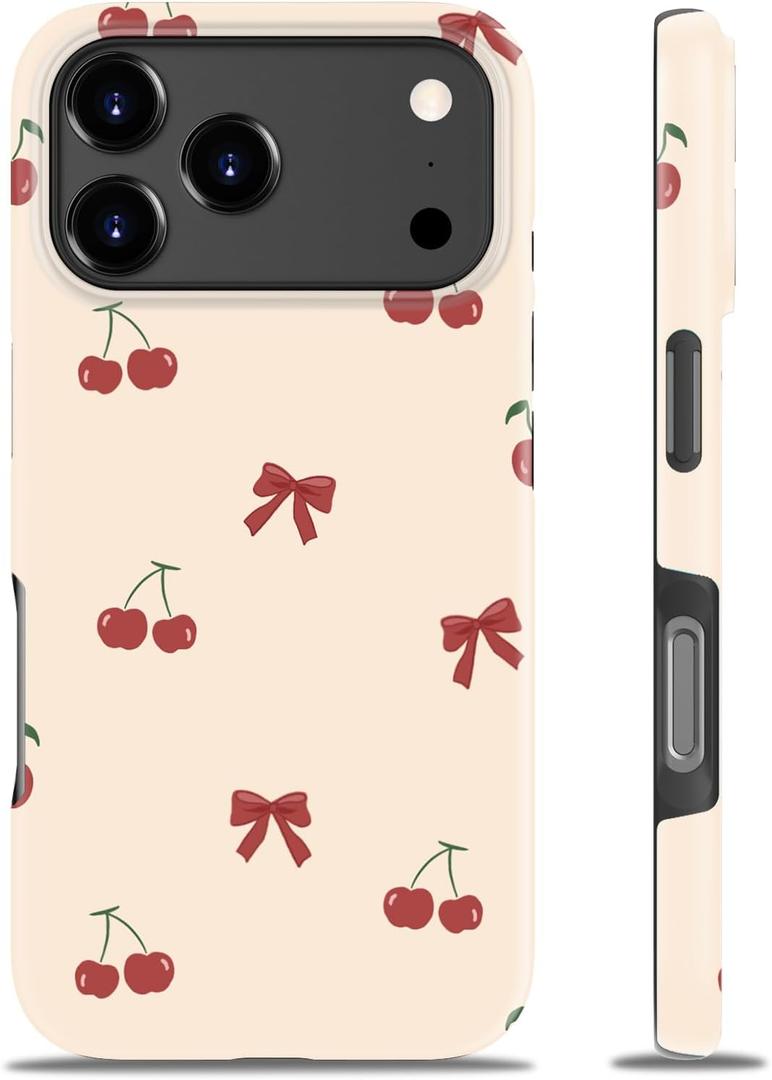 Goodon for iPhone 17 Pro Case - Wireless Charging - Dual-Layer Hard Shell & Silicone Cover - Protective Phone Case with Cute Wildflower Designs for Women - Sweet Cherry Bowtie