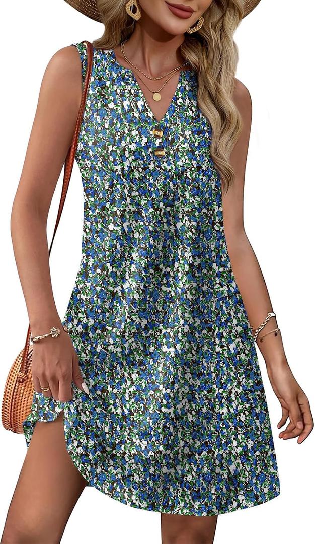 XIEERDUO Summer Dresses for Women 2026 Beach Vacation Clothes V Neck Button Sundresses with Pockets (Blue, M)