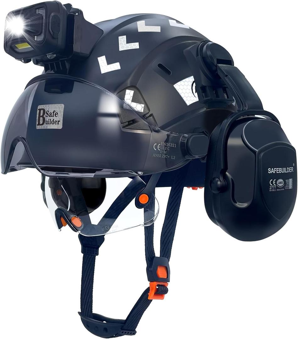 Hard Hats with Visor and Build in Headlight Ear Muffs Lightweight Vented Safety Helmet Headlamp for Construction Industrial Outdoor Work ANSI Z89.1 Approved (Black+CSV+B07+SHL01)