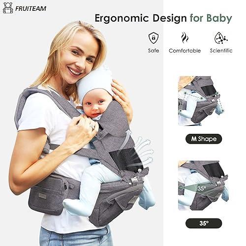 FRUITEAM Baby Carrier - Ergonomic & Comfortable Baby Carrier with Head Support for Newborn to Toddler, Suitable for Parents of Different Body Types，Grey
