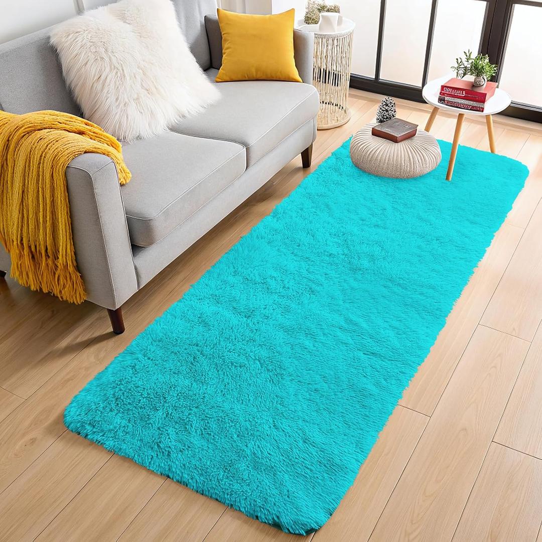 OLANLY 2x8 Machine Washable Runner Rugs for Hallway, Soft Fluffy Shaggy Bedside Rugs for Bedroom, Living Room, Indoor Floor Carpet for Kids Girls Boys, Nursery Rooms, Home Decor Aesthetic, Teal Blue