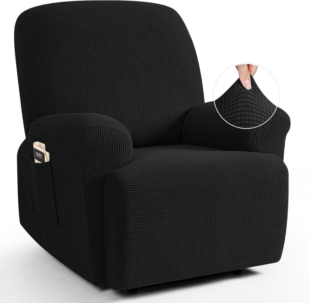 TAOCOCO Recliner Cover 4-Pieces, Recliner Stretch Sofa Slipcover, Recliner Cover 1 Seat, Couch Protector Soft, Furniture Protector Covers with Elastic,Chair Covers Jacquard Pattern (Black) (1 Seat, Black)