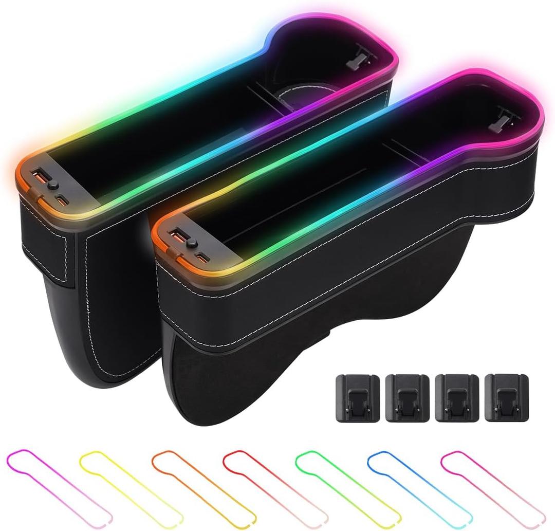 Shademax LED Car Seat Gap Filler Organizer Console Side Storage Box Between Seats with Cup Holders RGB Color Changing Storage Front Seat Gap Filler with USB Charging Car Interior Accessories (2 Pack)