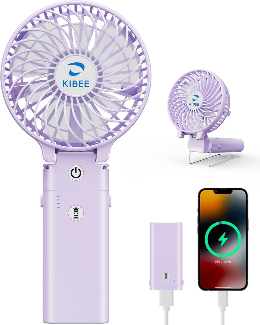 KIBEE Portable Handheld Fan, 5200mAh Rechargeable Mini Fan with Up to 20H Runtime, 180° Foldable Personal Fan, 3 Speeds, Desk Stand, Travel Essentials for Women, Concerts, Makeup, Camping, Purple