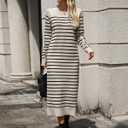 Womens Striped Sweater Dress Fall Knit Crewneck Long Sleeve Baggy Casual Long Dress Loose Autumn Winter Midi Dresses (S)