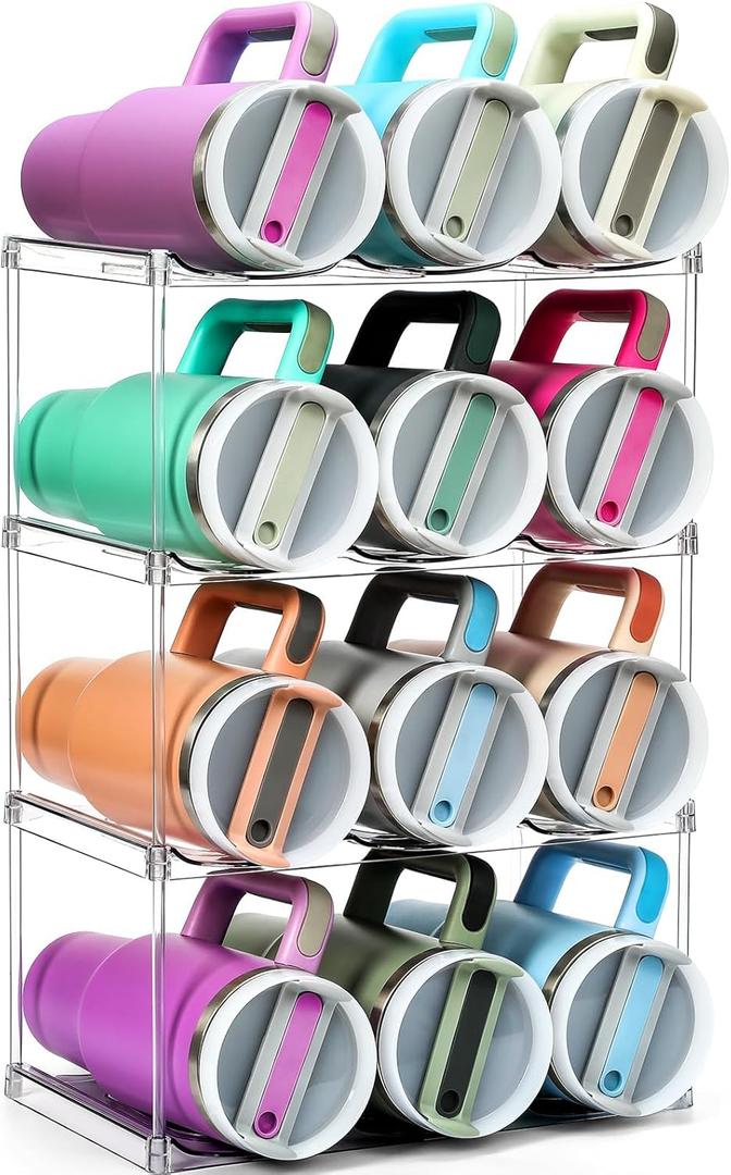 Design for Stanley 40 OZ & Large Bottles & Tumblers with Handle, Acrylic Water Bottle Organizer - Stackable Clear Wine Rack, Cup Holder for Home Kitchen Pantry Shelf Countertop Cabinet, 4 Tier Hold 12