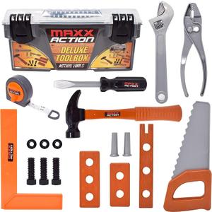 Sunny Days Entertainment Maxx Action 18 Piece Deluxe Tool Box – Construction Playset with Tape Measure and More Tools | Pretend Play Toy Set for Kids