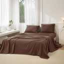JIYUAN 100% Washed Cotton Sheet Set 4 Pieces Queen,1 Fitted Sheet,1 Flat Sheet and 2 Pillowcases,Comfy and Breathable Linen Like Bedding Set,Chocolate Brown