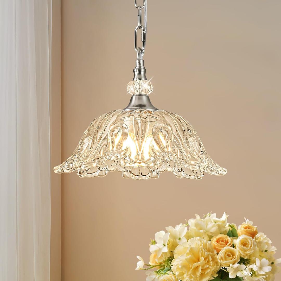  1 Piece Brushed Nickel Chandelier Light Fixtures with Crystal Glass Shade,Brushed Nickel Finish Pendant Light,Hanging Light for Dining Room,Hallway,Living Room,Bedroom