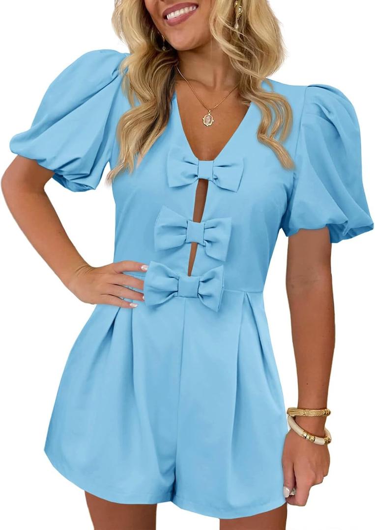Cicy Bell Womens Cute Rompers Bow Front Puff Sleeve V Neck Short Jumpsuits Sexy Summer Outfits with Pockets (Blue, M)