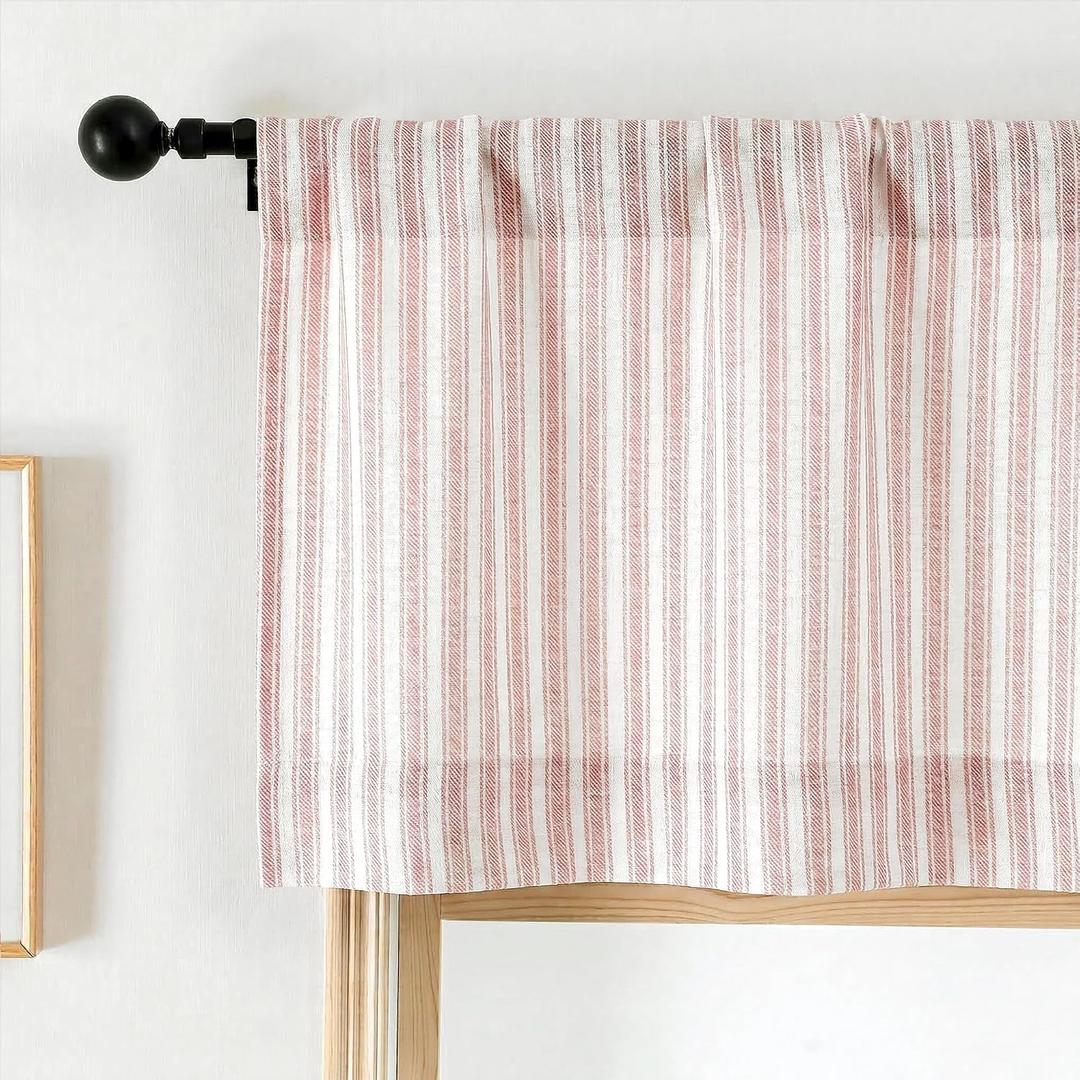 Chyhomenyc Striped Valances for Windows - Light Filtering Faux Linen Small Cafe Kitchen Valance Curtains, Boho Ticking Stripe Rod Pocket Farmhouse Valance for Living Room, 52Wx14L, 2 Pieces, Pink