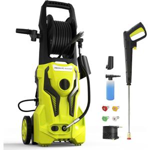 Electric Pressure Washer - 4800PSImax 3.2GPM Power Washer Electric Powered with 25 FT Hose Reel 4 Interchangeable Nozzle & Foam Cannon, for Cars, Patios, and Floor Cleaning, Light Yellow (4800 PSI)