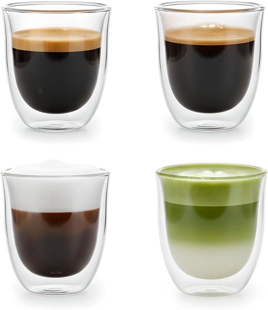 Double Wall Glass Espresso Cups, Clear, Heat Resistant Borosilicate Glass, 5 Ounces Capacity, Contemporary Design for Coffee and Demitasse, Set of 4