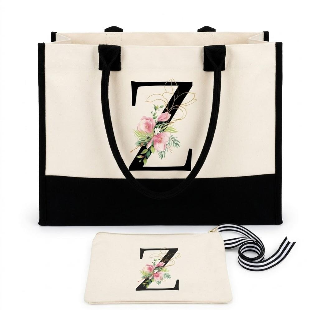 Personalized Gifts for Women - Initial Canvas Tote Bag & Makeup Bag, Custom Bags for Beach, Christmas, Wedding, Birthday, Holiday, Monogram Birthday Gifts for Women, Mom, Wife, Teacher, Friend - Z
