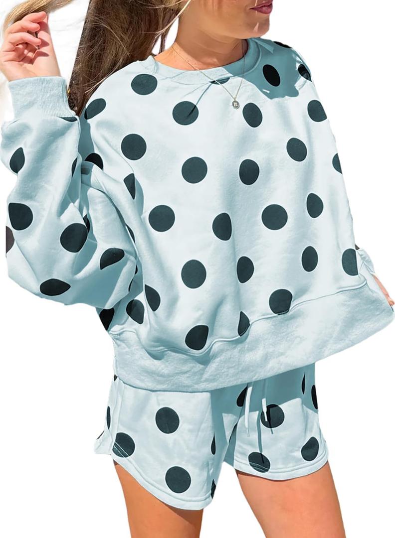 KevaMolly Womens Two Piece Lounge Sets Polka Dot Print Drop Shoulder Oversized Pullover Drawstring Shorts Set Sky Blue, Small