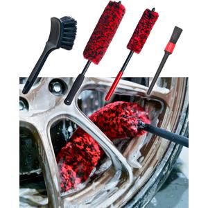 oesee Professional 4 Pack Long Handle Wheel Brush Kit for Cleaning Wheel and Tire- 2X Soft Wheel Cleaning Brush, Detailing Brush and Stiff Tire Brush, Bendable& Durable Wheel Rim Cleaner Brush Set