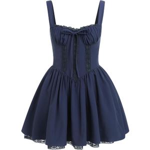 Corset Dresses for Women Spaghetti Straps Short Mini Floral Lace Bustier Dress Summer Boho Sundress (Large, Navy Blue)