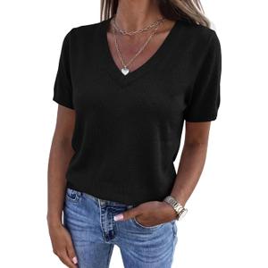 PRETTYGARDEN Womens Short Sleeve Sweaters V Neck Business Casual Tops Lightweight Sweater Shirts 2026 Summer Spring Outfits (Black, L)