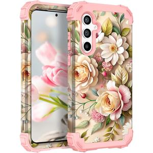TEECOVER for Samsung Galaxy S25 Case, Heavy-Duty Shockproof Full Protection Hard Plastic Bumper + Soft Silicone Rubber Protective Case for Galaxy S25 6.2-Inch, Rose Gold Flowers
