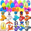 [1 Gold Egg] 24 Pack Prefilled Easter Egg Filled with Transform Car Robot Toys, 24 Eggs + 24 Car Robot Toys for Kids, Easter Basket Stuffers Classroom Exchange for Boys 24 Vehicle Party Favor Egg Hunt
