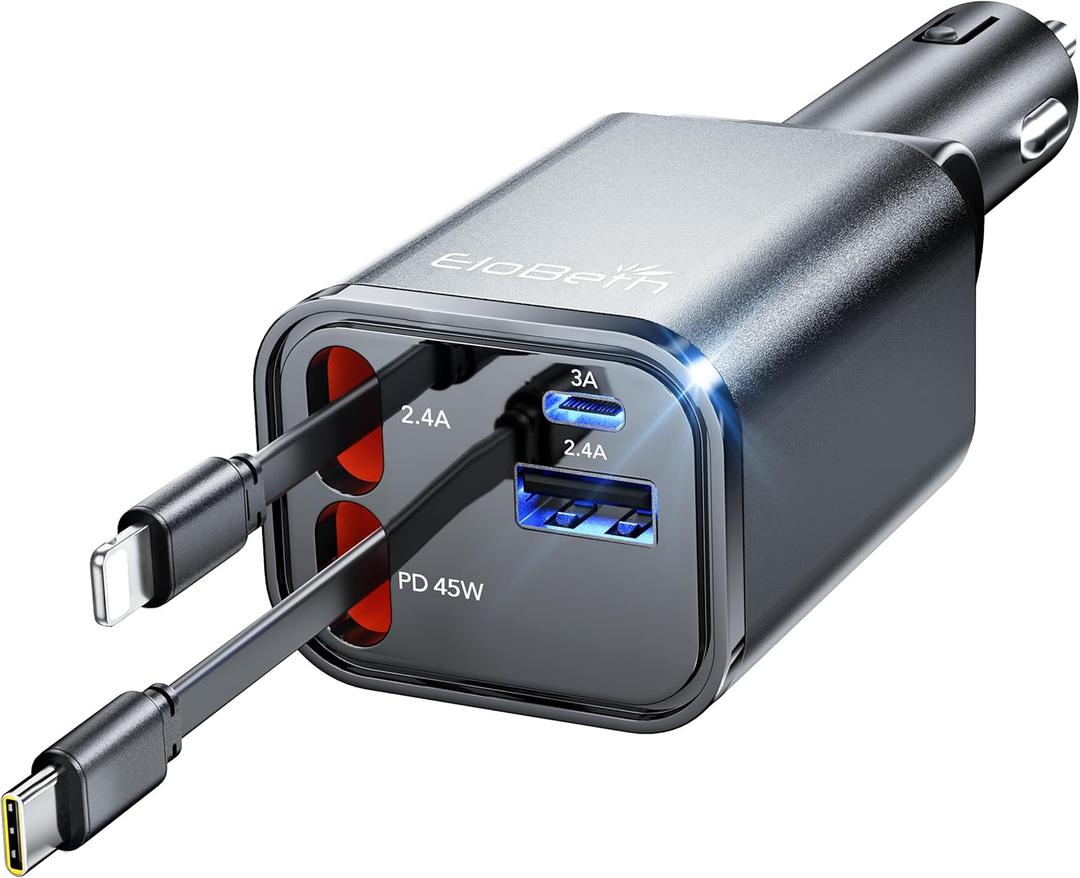 Retractable Car Charger Adapter for iPhone 17,4 in 1 Fast Charging Car Phone Charger,69W USB C Car Truck Accessories,Road Trip Essentials Gift for Men Women for iPhone 17/16/15/14/13/12,Galaxy S25