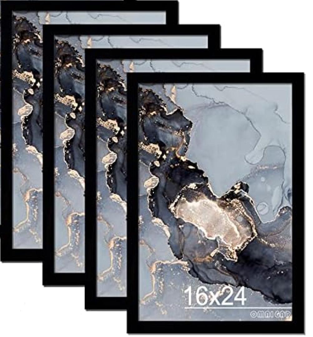 OMAIGAR 16x24 inches Picture Frame Set of 4, Black Poster Frames for 16 by 24 Poster Photo Canvas Certificate, High Transparent Acrylic Frame on Wall Desktop Horizontal Vertical 16" x 24"