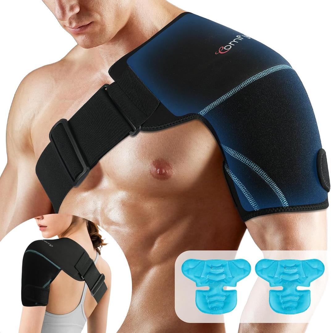 Comfytemp Shoulder Ice Pack Wrap Shoulder Brace, Gel Cold Compression Sleeve for Injuries Reusable Arm Rotator Cuff Pain Relief, Therapy Recovery Items for Men Women, Black - 2 Gel Pack + 1 Brace