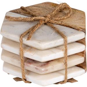 Creative Co-op Marble & Mango Wood Hexagon Coasters (Set of 4 Pieces)