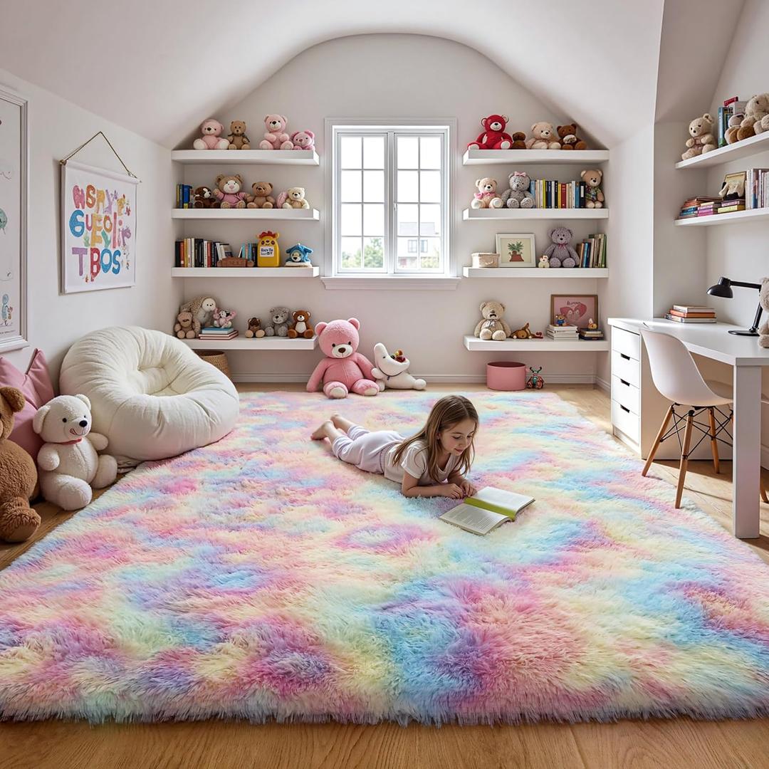 Fluffy 9x12 Large Area Rugs for Girls Bedroom Living Room, Rainbow Soft Washable Shag Carpet for Kids Room, Nursery, Dorm Decor, Colorful Cute Plush Fuzzy Rugs for Baby Toddler