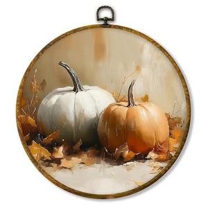 Hiuwevt Vintage Fall Pumpkin Round Wall Art Decor, Farmhouse Autumn Maple Leaf Pumpkin Framed Canvas Prints, Rustic Fall Round Wall Hanging Decor for Kitchen Home Living Room Decorations, 10x10 Inches