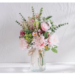 LUEUR Faux Flowers with Vase, Artificial Pink Flowers in Vase, Fake Eucalyptus and Chrysanthemum, Flower Arrangement for Home Spring Decor Dining Table Centerpiece Decorations Coffee Table Decor (White)