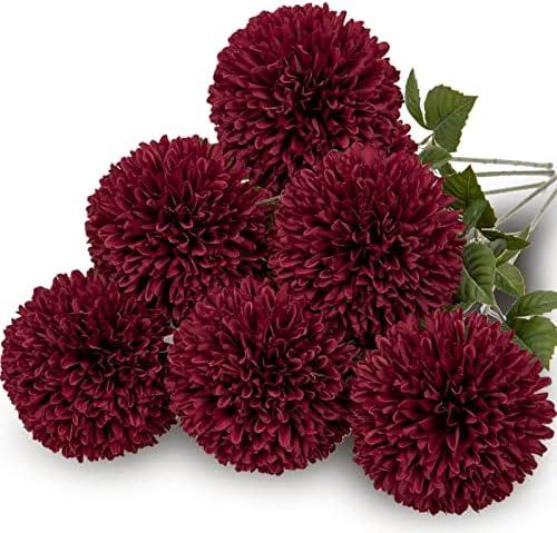 Briful Autumn Artificial Chrysanthemums Ball Flowers 4’’ Large Heads Mums Stems Burgundy Fake Hydrangea Flowers Bridal Wedding Bouquet for Home Garden Party Wedding Fall Decoration, Set of 6