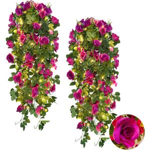 RECUTMS Artificial Hanging Rose Flower Plants Outdoor with 30 LED Fairy String Lights Fake Flowers for House Garden Patio Front Porch Indoor Decor (Purple)