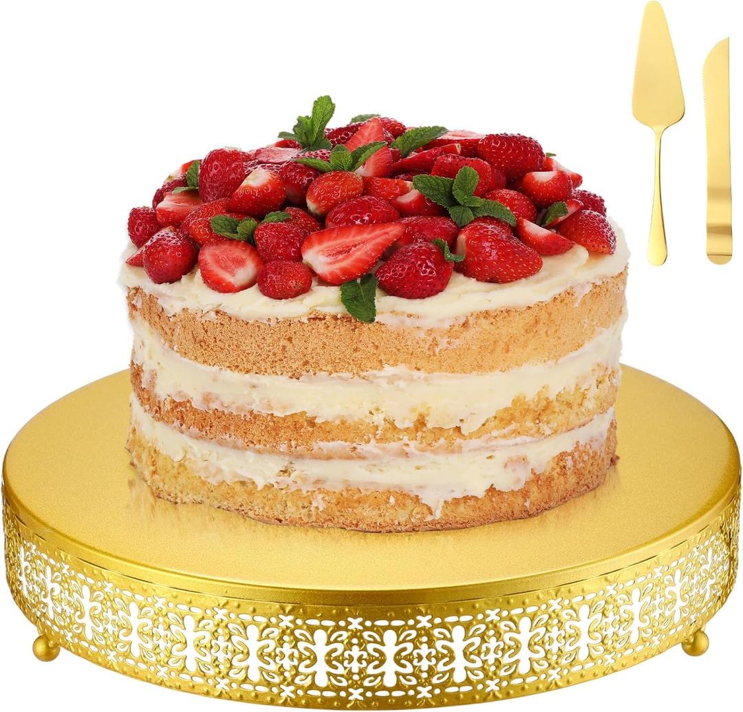 Wenqik Gold Cake Stand 14 Inch Metal Round Cupcake Dessert Stand with Cake Cutting, Spatula Xmas Cupcake Pastry Display Candy Holder Display for Wedding Birthday Party