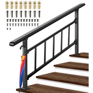 Updated Handrails for Outdoor Steps, 3-4 Steps Wrought Iron Railing, Flexible Exterior Railing for Concrete or Wooden Stairs, Transitional Handrails for Exterior Step With Installation Kit
