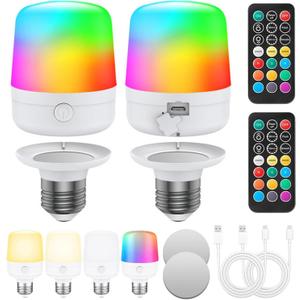 2 Pack LED Rechargeable Light Bulb with Re-mo-te, Dimmable RGB Cordless Light Bulb with 12 Colors & Timer