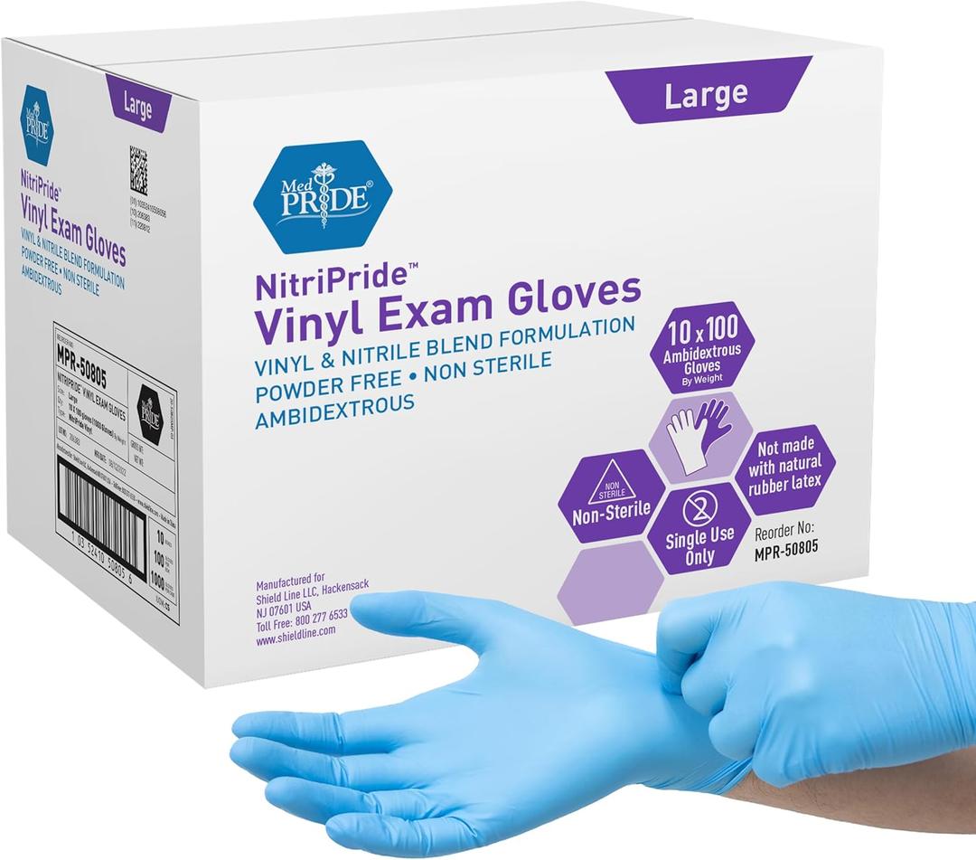 MED PRIDE Disposable Powder Free Non Latex Single Use Medical Exam Gloves, Nitrile Vinyl Blend for Cleaning and Food Handling