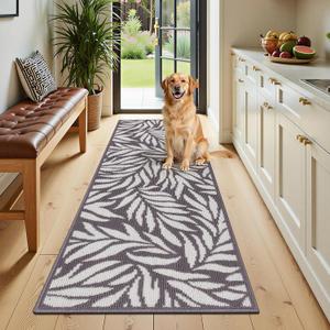 Ileading Hallway Runner Rug 2x6ft Kitchen Floor Mat Modern Leaves Non Slip Throw Rugs Busy Traffic Extended Indoor Doormat Machine Washable Accent Carpet for Laundry Bedroom(Grey)