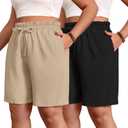 Evervibe 2 Pack Women's Linen Bermuda Shorts Plus Size L-5xl Cotton Knee Length High Waist Summer Casual Pants with Pockets(Black, Khaki, 3X-Large)