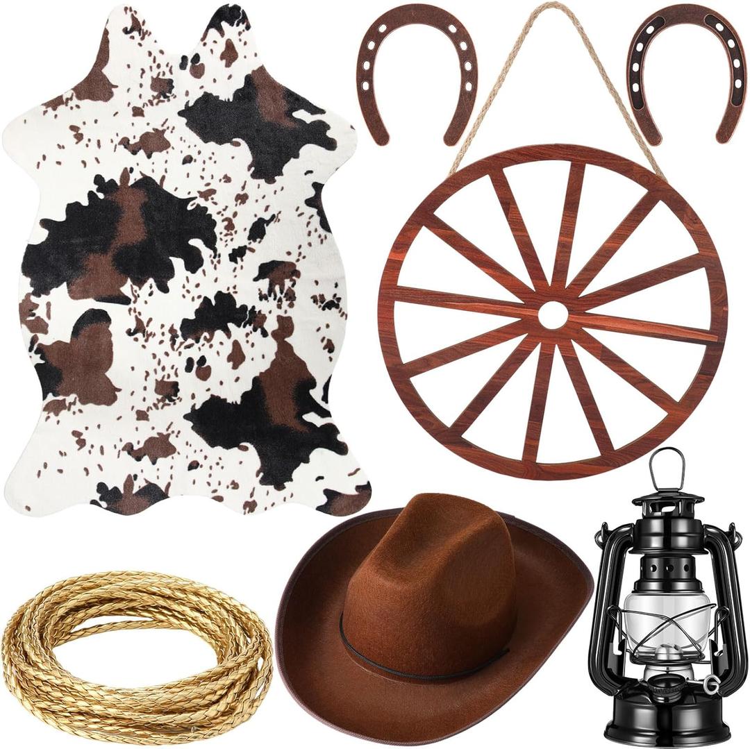 7 Pcs Western Cowboy Party Decorations Cowhide Rug Wooden Wagon Wheel Brown Cowboy Hat Cast Iron Horseshoe Kerosene Lamp Golden Rope for Theme Birthday Go Party Decor
