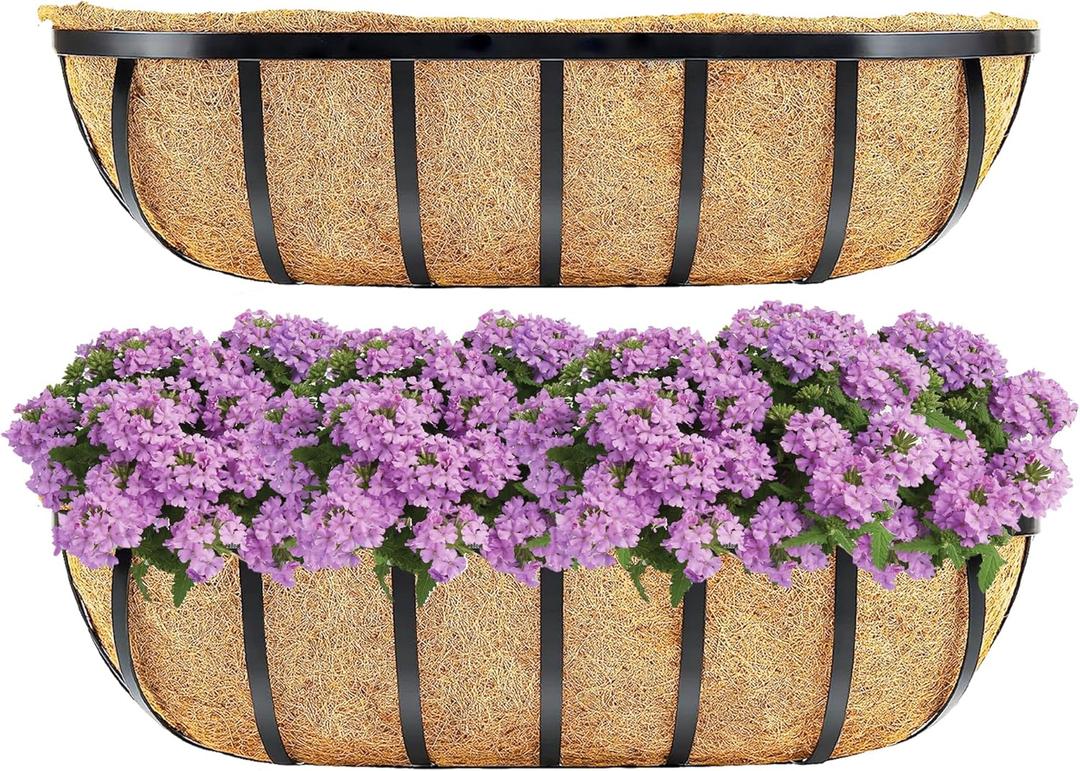 Y&M 2pcs 24 Inch Window Deck with Coco Liner, 24" Window Boxes Horse Trough with Coconut Coir Liner, Black Metal Hanging Flower Planter Window Basket Deck Railing Planter Boxes for Outdoor Indoor