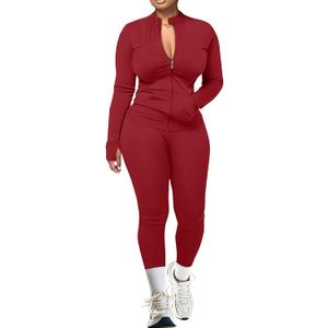 UOUA Two Piece Outfits Women Tracksuit Sets Long Sleeve Zip Up Jacket & Leggings for Gym Workout Set DarkRed XL