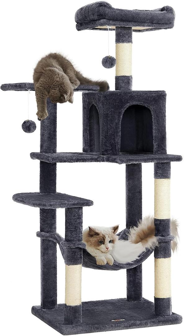 Feandrea Cat Tree, 55.1-Inch Cat Tower, Plush Multi-Level Condo with 4 Scratching Posts, 2 Perches, Hammock, Cave, Smoky Gray UPCT161G01