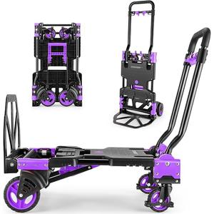 Folding Hand Truck Dolly, 330lb Convertible 4 to 2 Wheel Moving Cart, Purple Dolly Cart with Retractable, Aluminum Alloy & Cast Iron Build, Nylon Wheels, Compact Fold for Moving, Office, Delivery, Outdoor