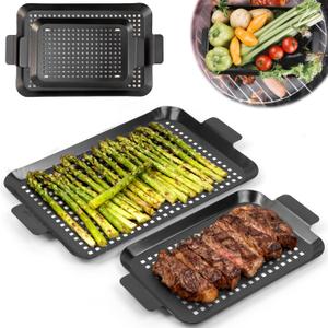 2PCS Grill pan: Grill topper for outdoor grill - Non-stick enamel coating grill topper suitable for camping, picnic, party