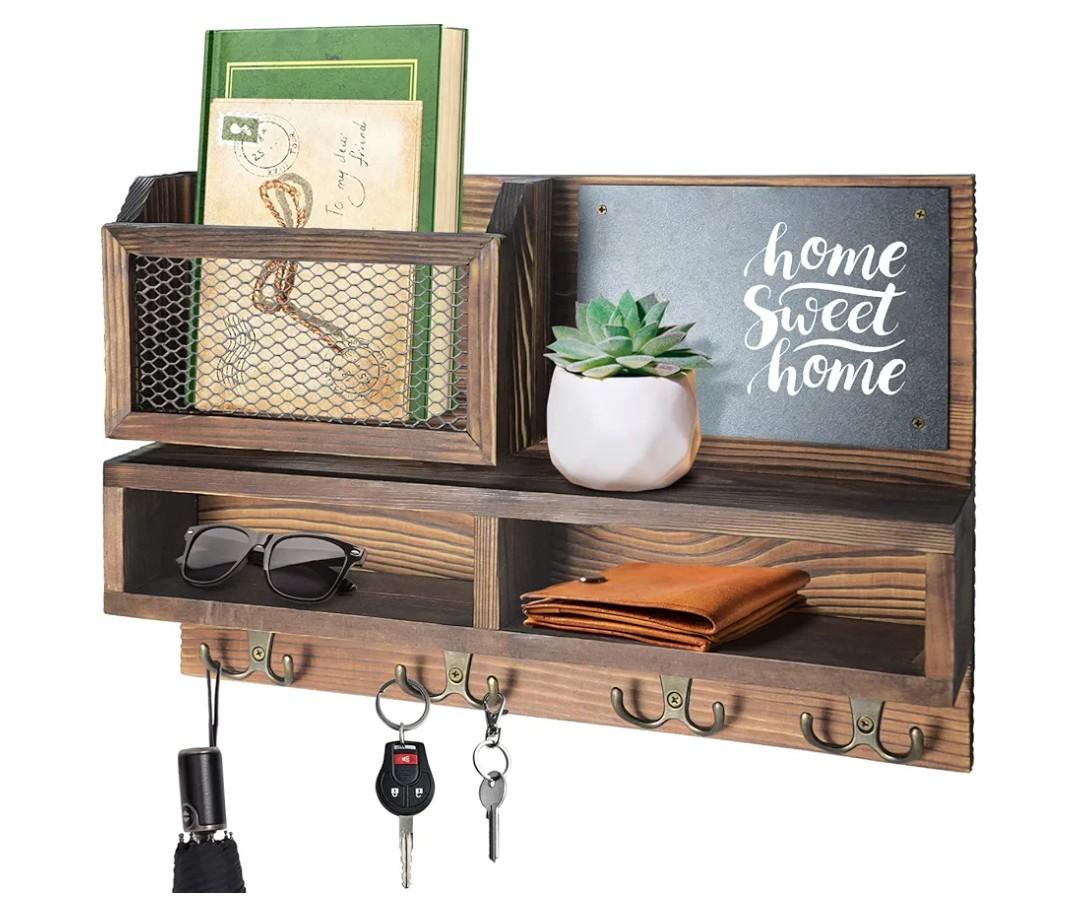 Key Holder for Wall, Mail Organizer Wall Mount with Key Hooks and Wallet Holder, Sunglasses Storage and Dog Leash Hanger, Decorative with 4 Double Hooks and Chalkboard