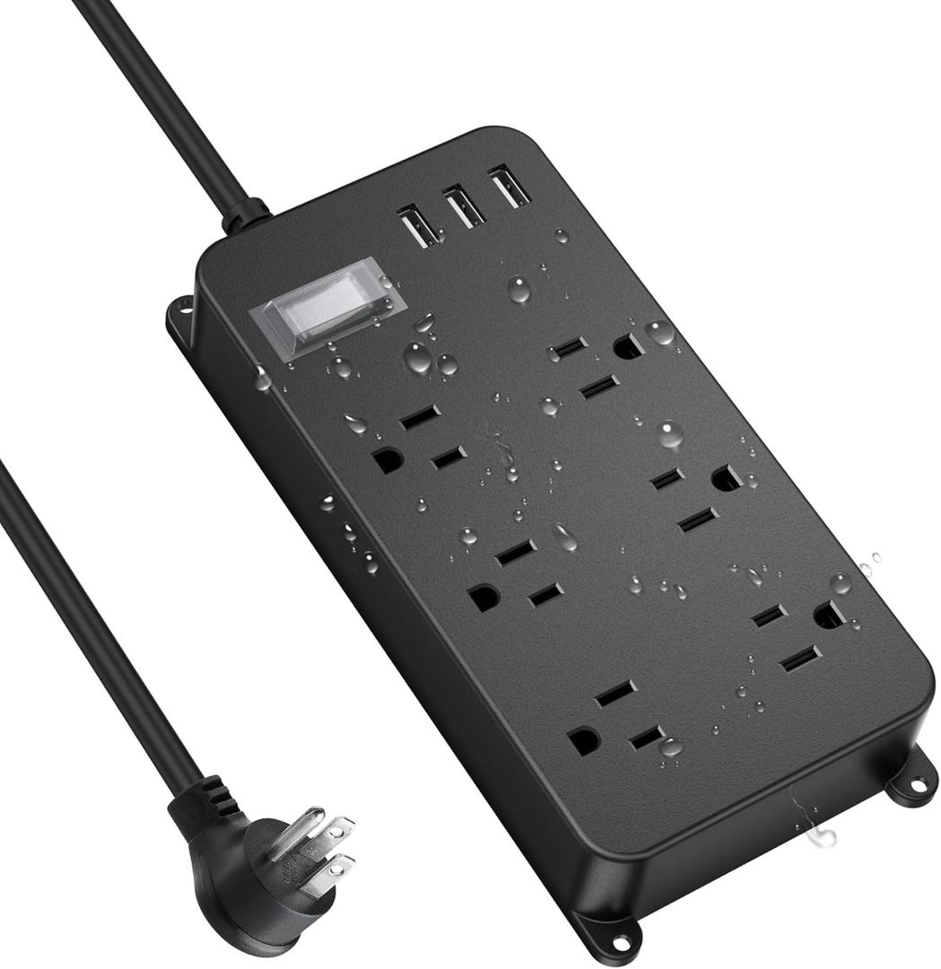 Outdoor Power Strip Weatherproof with USB,Waterproof Surge Protector,3 USB Ports, 6 Outlets,Multi Plug Electrical Outlet for Camping,Garden,Home Office Patio Porch,etc,15FT Cord,Flat Plug