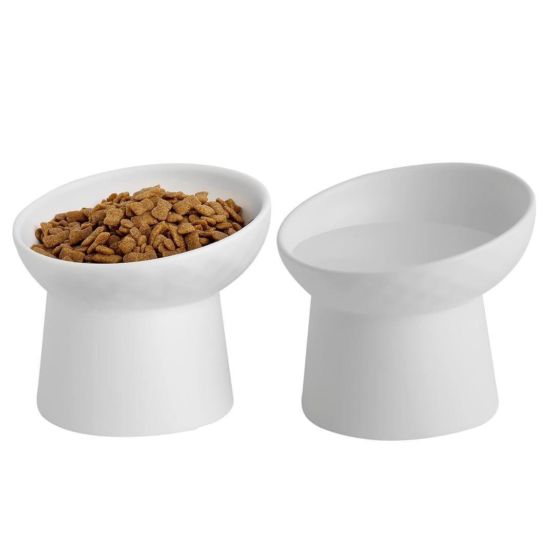 KITCHENLESTAR Ceramic Raised Cat Bowls, Elevated Tilted Cat Food and Water Bowls Set, Porcelain Stress Free Pet Feeder Dish for Cats and Small Dogs, Dishwasher and Microwave Safe, Set of 2(White)